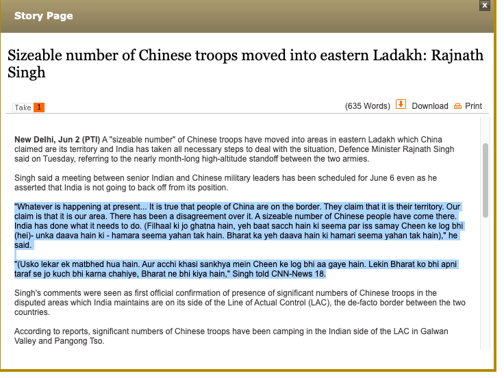 What RM said (from:  @DevirupaM )- '...seema par iss samay Cheen ke log bhi hai'..[There are Chinese soldiers AT the border. Not WITHIN Indian borders or claim line]-'..aur acchi khasi sankhya mein Cheen ke log bhi aa gaye hain'.[There are considerable no of Chinese troops]