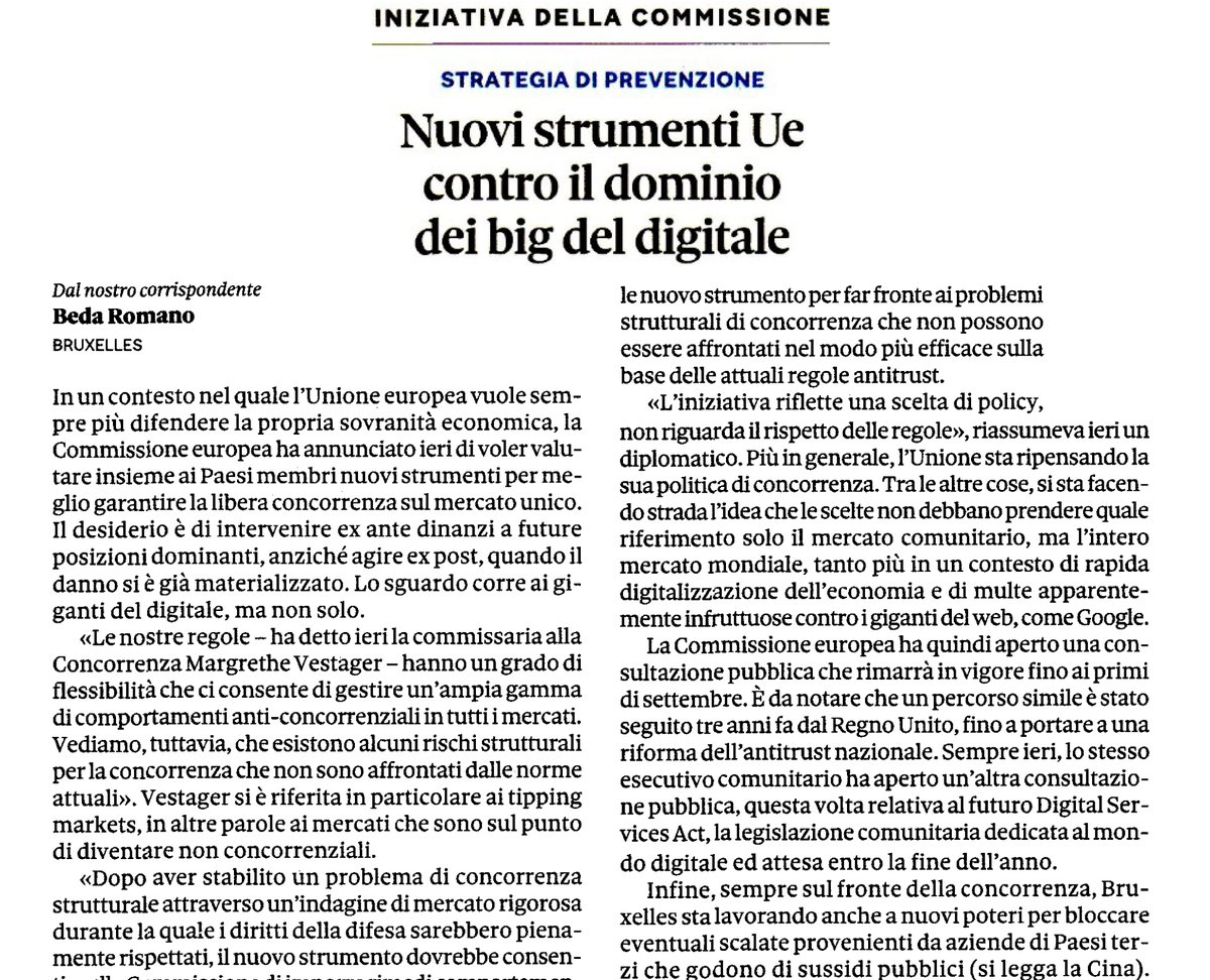 infocamere's tweet photo. 🇪🇺 Strategia di prevenzione 
🗞 "Nuovi strumenti #UE contro il dominio dei big del #digitale" @BedaRomano su @sole24ore 
#DigitalTransformation @aldoceccarelli @europainitalia @InnovazioneGov @MaxSalini @Ambrosetti_ @ScuolaSantAnna https://t.co/42b8fAexaC