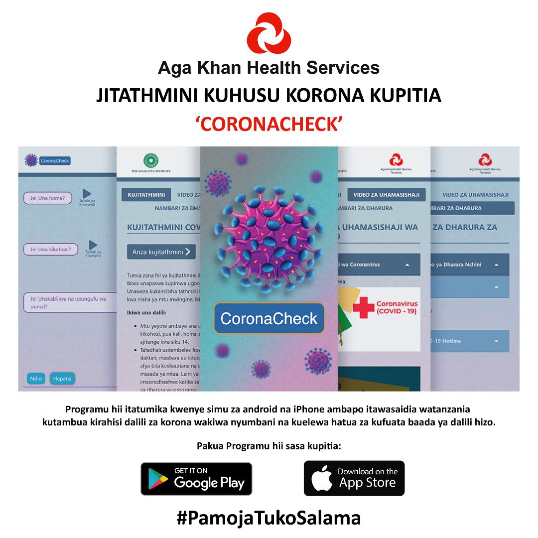 akhstanzania's tweet photo. The Aga Khan Health Services and @akuglobal are proud to launch a new free mobile app, Corona Check, that will allow you to evaluate #covid19 symptoms with an in-home screening tool #agakhanhospitaldsm @akdn #tanzania #africa #afya #health #healthcare #StaySafe https://t.co/OFgLB3V3oA