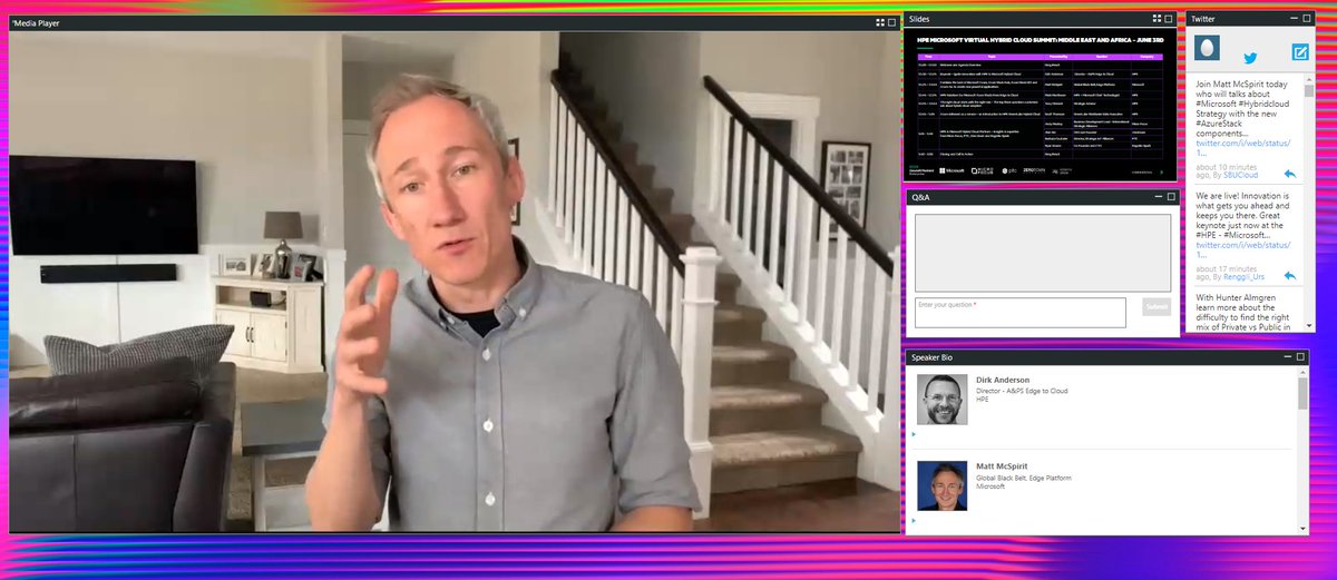 Thanks <a href="/mattmcspirit/">Matt McSpirit</a> for inviting the attendees of today's #HPE #Microsoft Virtual #HybridCloud Summit to your living room sharing your insights around <a href="/Azure/">Microsoft Azure</a> #AzureStackHub #AzureStackHCI to create powerful applications with HPE Solutions and Services. bit.ly/2SQALmW