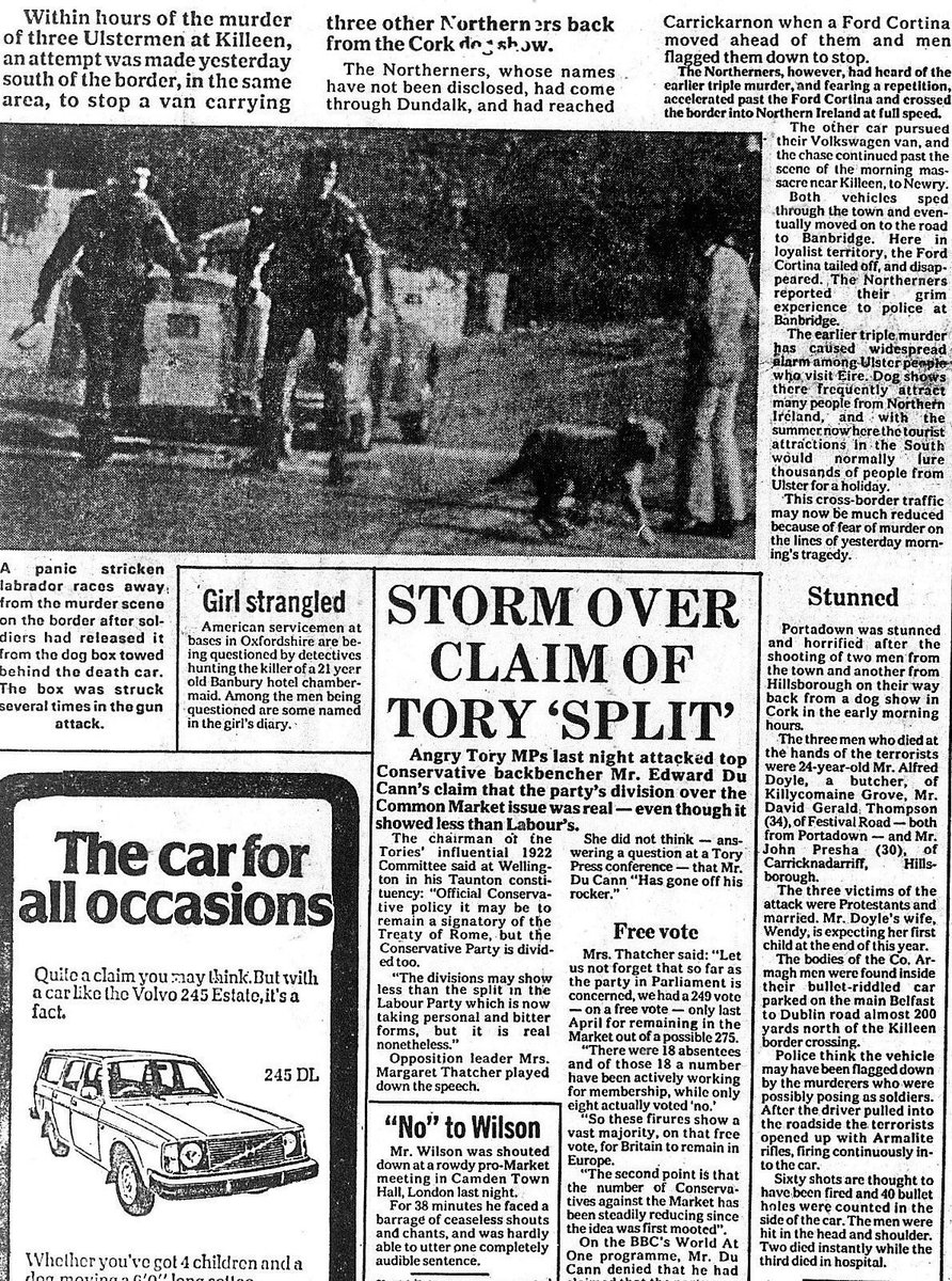 OnThisDayPIRA's tweet photo. #OnThisDay in 1975 the IRA murdered David Thompson, 34. Married with family. Electrician. 1 of 3 Protestants shot in a car near Newry. They were returning from a Munster Canine Association show in Cork. 60 bullet holes in car. RUC: “These men never stood a chance” #OTD https://t.co/NL4sAs0mTo