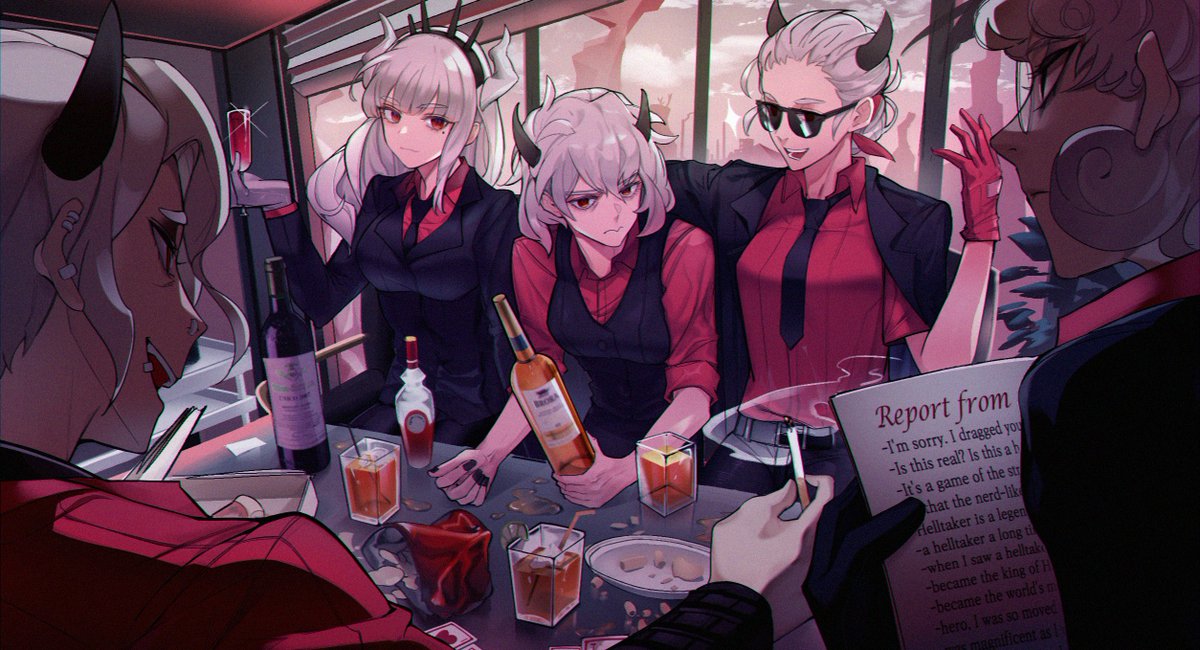 justice (helltaker) ,lucifer (helltaker) multiple girls horns sunglasses gloves red shirt drinking glass white hair  illustration images