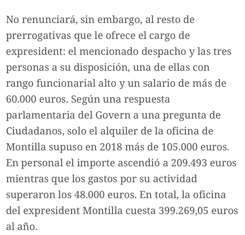 lluiv's tweet photo. Lloguer oficina: 8750 €/mes
Sou Montilla: 7300 €/mes
Assessor 1: 5800 €/mes
Assessor 2: 5800 €/mes
Assessor 3: 5800 €/mes
Despeses vàries: 4000 €/mes

O sigui que ens costa 37.450 €/mes la “pensió” d’en Montilla. Sociolisto de pura raça. https://t.co/NKS0g5dnpU