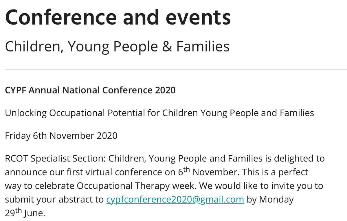 This year our <a href="/RCOT_CYPF/">RCOT CYPF</a> annual conference will be virtual. We don’t want to miss an opportunity for great work to be shared. So join us as a presenter of a talk or poster. Full details on for abstract submissions on our webpage at: ow.ly/U9ms30qK6e7
