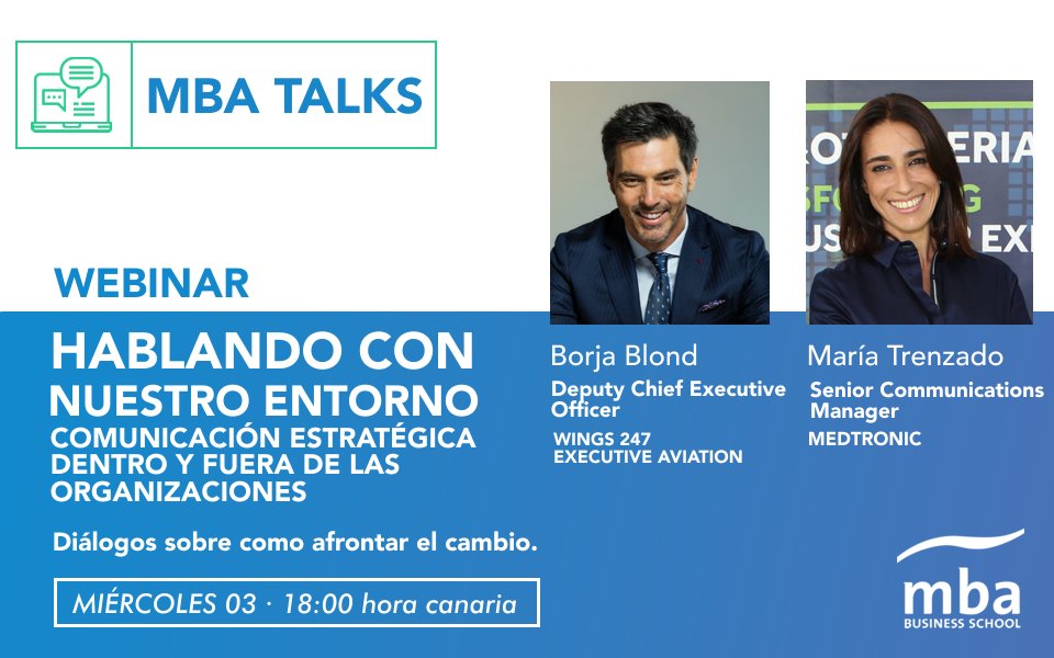 MBABScanarias's tweet image. ¿Aún no te has inscrito en el #MBATalks de hoy?

Conoce la visión de @BorchB y @mtrenzado sobre la comunicación estratégica dentro y fuera de las organizaciones. 

📅 3 de junio a las 18:00 h. 

Inscríbete aquí 👉 bit.ly/MBATalks4