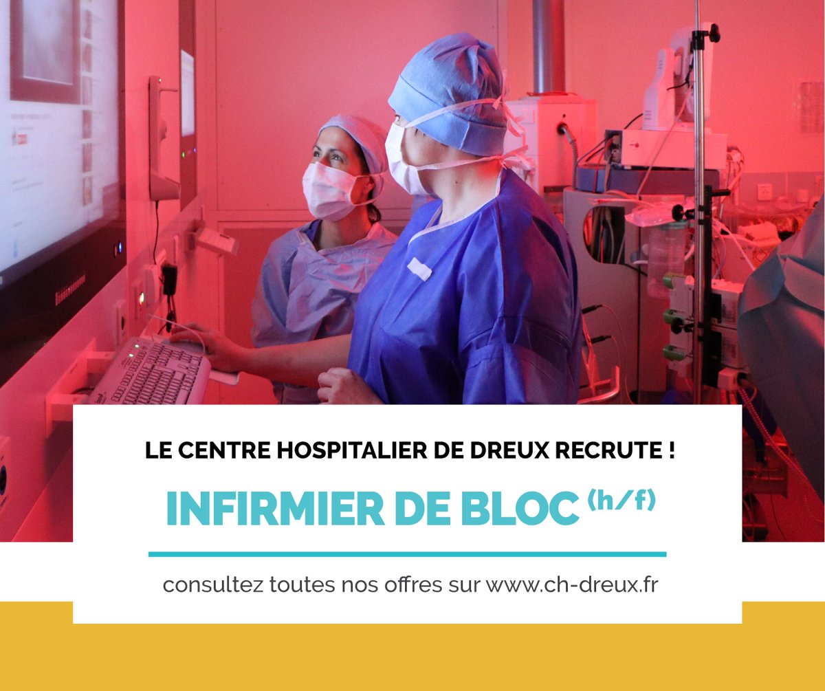 #EMPLOI Nous recherchons un(e) infirmier(e) de bloc opératoire pour compléter l'équipe du bloc.
🔵 Consultez l'offre complète sur notre site Internet :
ch-dreux.fr/infirmier-de-b…
#hôpital #infirmier #recrutement