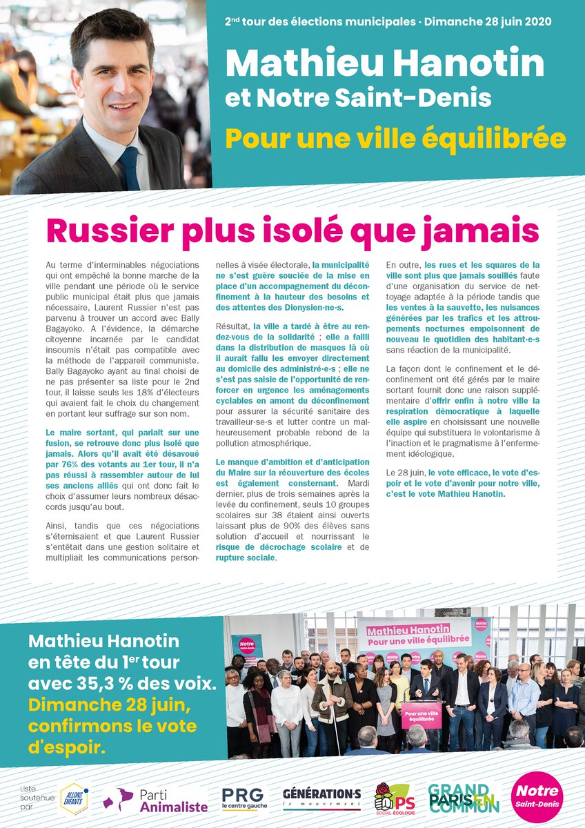 NotreSaintDenis's tweet photo. Avec l'échec hier de la fusion PCF / LFI, le Maire sortant de #SaintDenis est plus isolé que jamais. Alors qu'il a été désavoué par 76% des votants au 1er tour #Municipales2020, une respiration démocratique s'impose.

Le 28 juin, le vote d'avenir, c'est le vote @MathieuHanotin ! https://t.co/HBxSR0oAAg