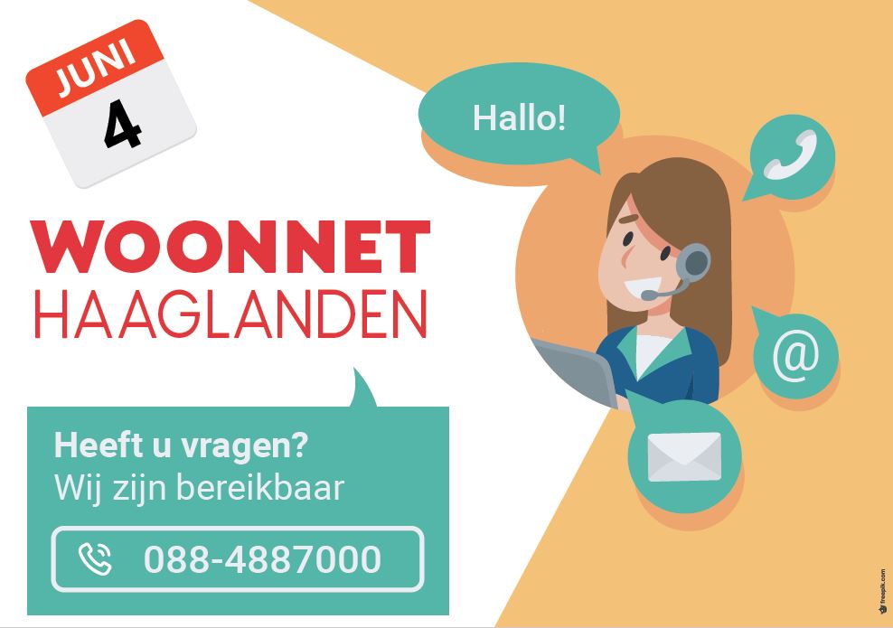 Woonnet Haaglanden is vanaf morgen ook telefonisch te bereiken via 088-4887000. Dit nummer is bedoeld voor woningzoekenden die vragen hebben over sociale huurwoningen in Haaglanden. Openingstijden: maandag tot en met donderdag van 09:30 uur tot 17:00 uur.