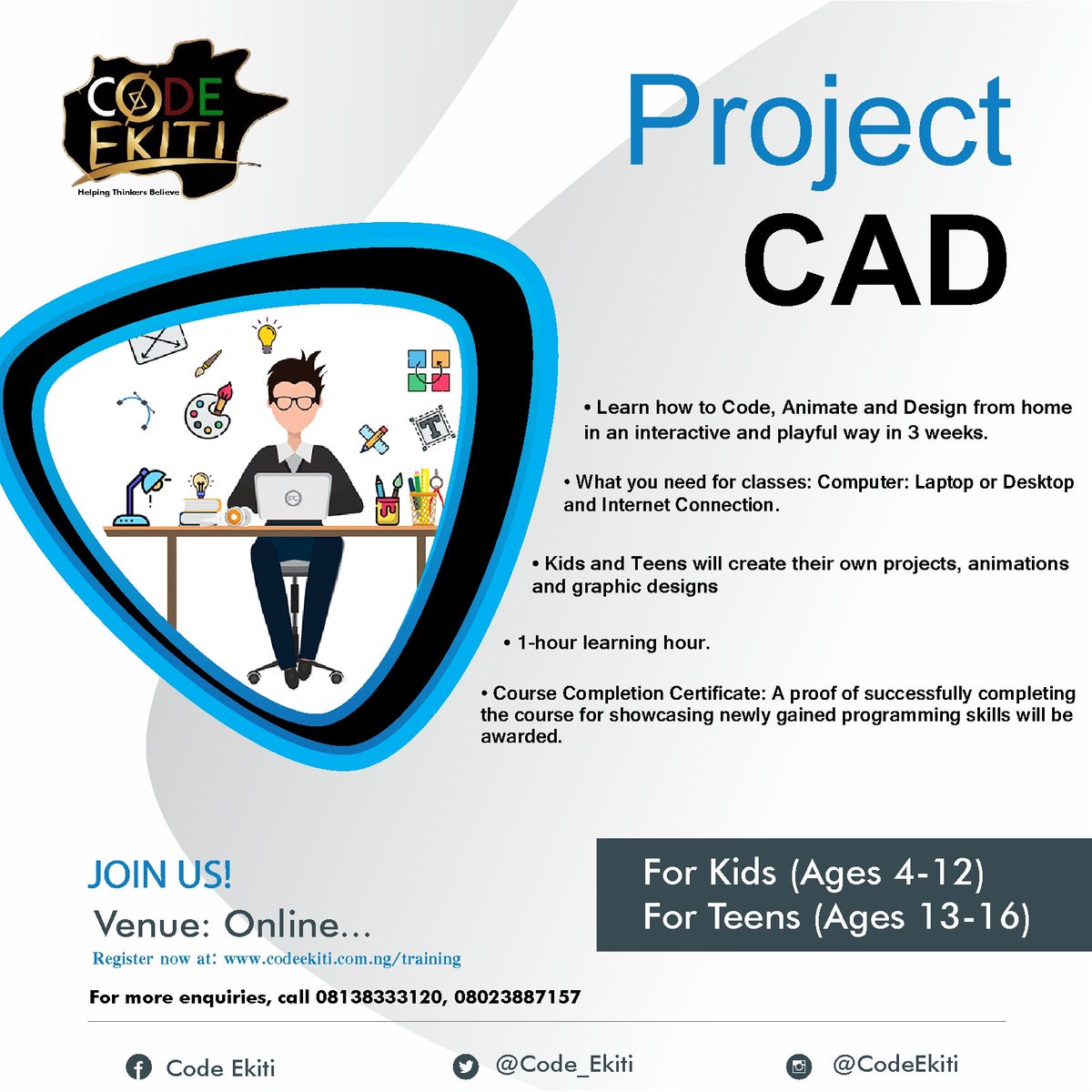 code_ekiti's tweet photo. Learn how to Code, Animate and Design from home in an interactive and playful way in 3 weeks.
Register at https://t.co/I5FmPBpO5q
For more enquiries, call 08138333120, 08023887157
#ProjectCAD #CodeEkiti #ICanCode https://t.co/9FxpIZCVqO