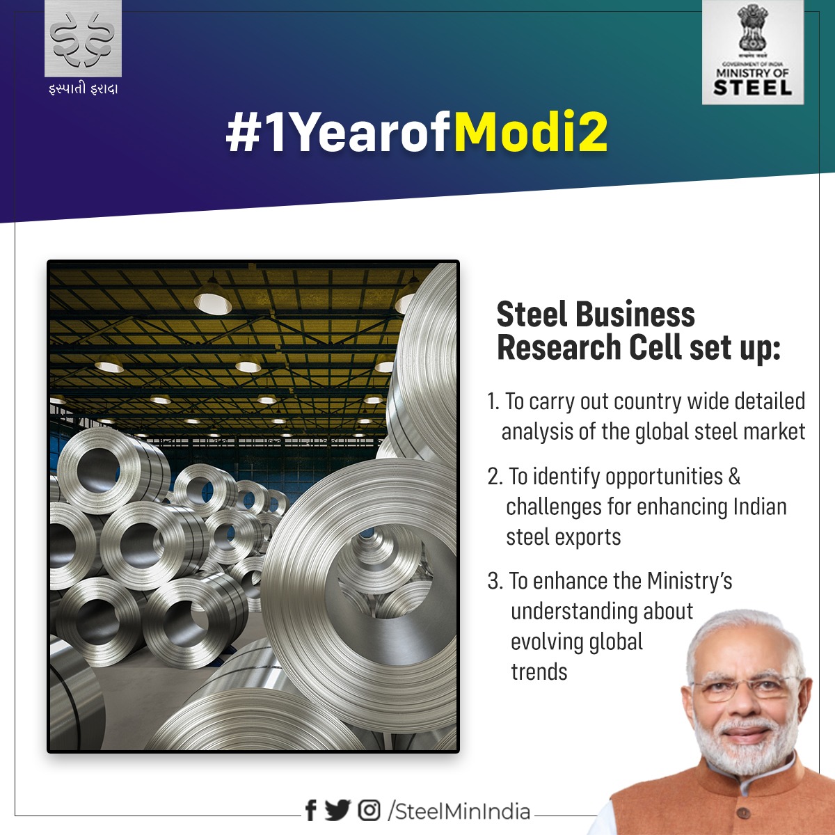 Steel Business Research Cell set up to carry out a detailed analysis of the global steel market and identify opportunities for enhancing Indian exports. #1YearOfModi2 #AatmanirbharBharat