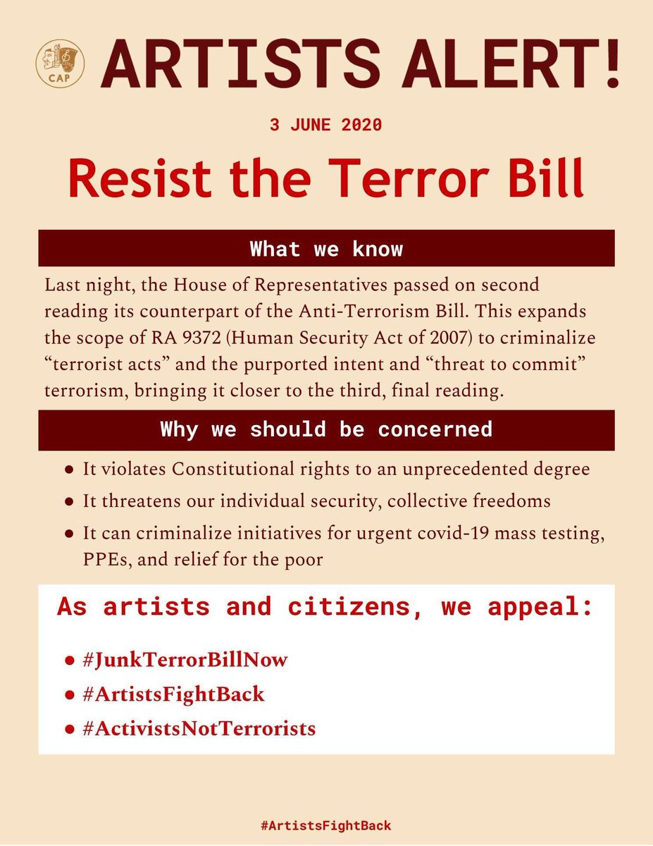 NO to Martial Law and the Anti-Terror Bill! YES to urgent covid-19 mass testing, PPEs, and relief for the poor!

#JunkTerrorBillNow 
#ArtistsNotTerrorists 
#ActivistsNotTerrorists
#MakibakaHuwagMatakot