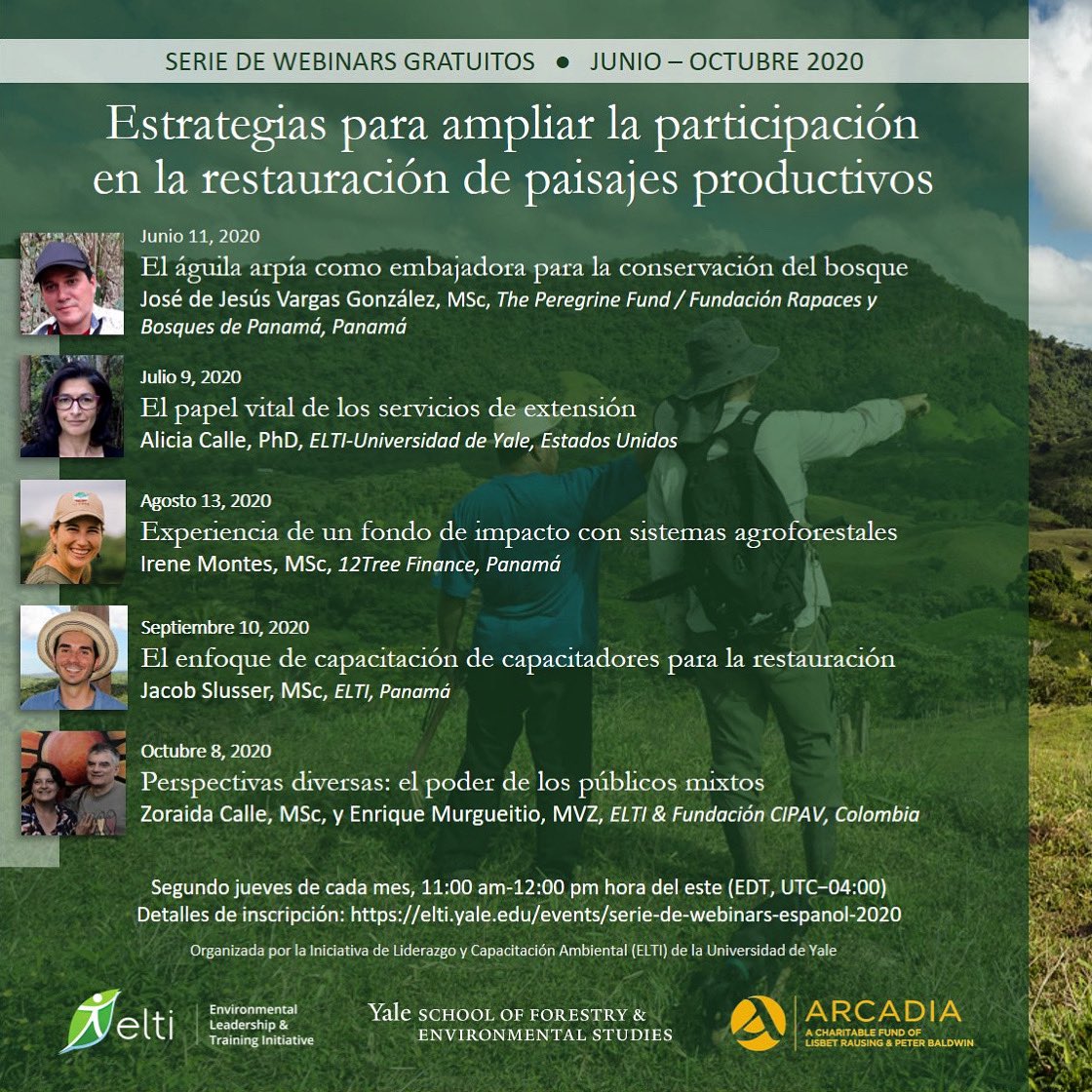 Yale_ELTI's tweet photo. Acompáñenos en nuestra serie de webinars gratuitos titulada “Estrategias para ampliar la participación en la restauración de paisajes productivos”
Regístrese hoy: https://t.co/OfcIeaI1uR

#restauracion #conservacion #ThinkLandscape #webinar @YaleFES @peregrinefund @MiAmbientePma https://t.co/3DcR39eh37