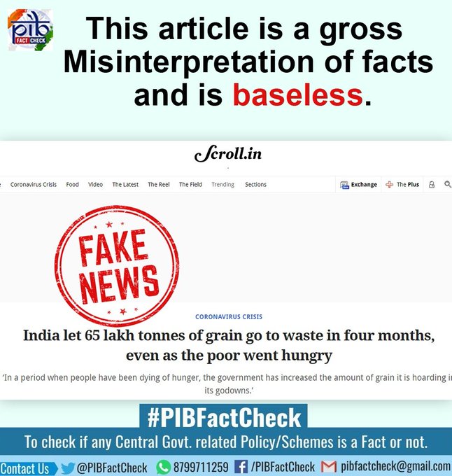 A stamp with the words fake news on a report by Scroll.in. In the report,it is being claimed that India let 65 lakh tonnes of grains go waste from January to May 2020
