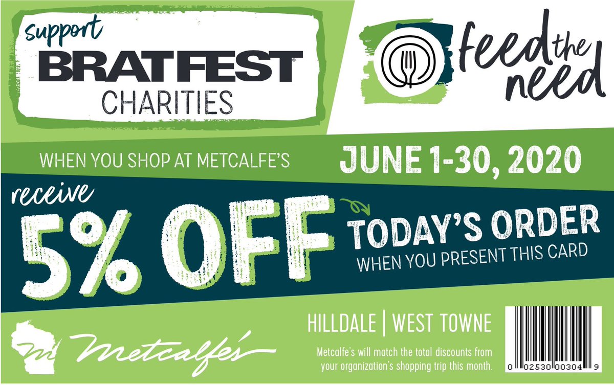 Save 5% on groceries?! Yes please! Present this coupon to save, PLUS @MetcalfesMarket will donate 5% back to Brat Fest! #BringLocalHome #CaringNotCancelled #BratsForGood