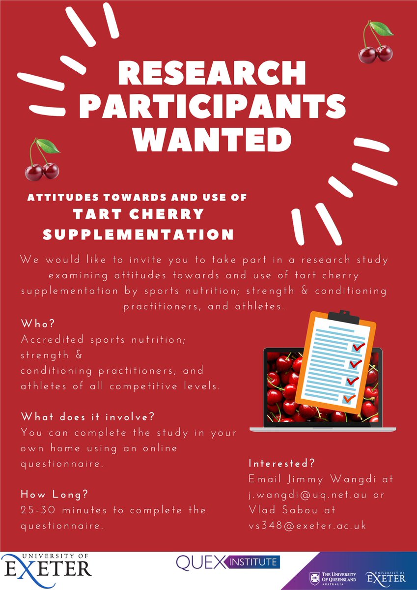 We are inviting sports nutrition practitioners, s&amp;c coaches and athletes to take part in our latest study 🍒                exetercles.eu.qualtrics.com/jfe/form/SV_bs… (Practitioners Survey)                                               exetercles.eu.qualtrics.com/jfe/form/SV_9s… (Athletes Survey)