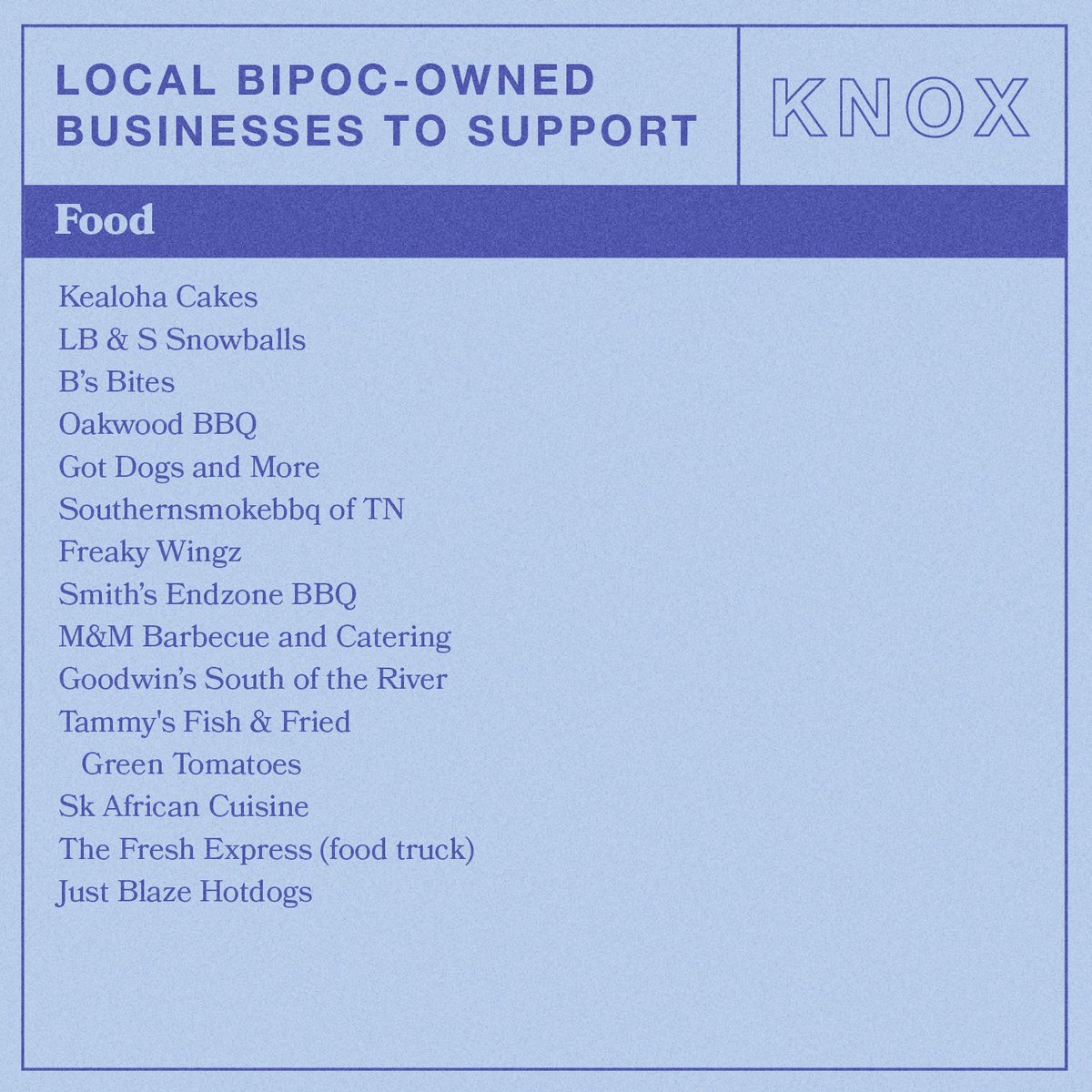 marandavandy's tweet photo. Knoxville: I’ve created a list of BIPOC-owned businesses in this area so you can support the community with your $$. Feel free to reply with others you know of! 1/2 https://t.co/02dKE5r9Vo