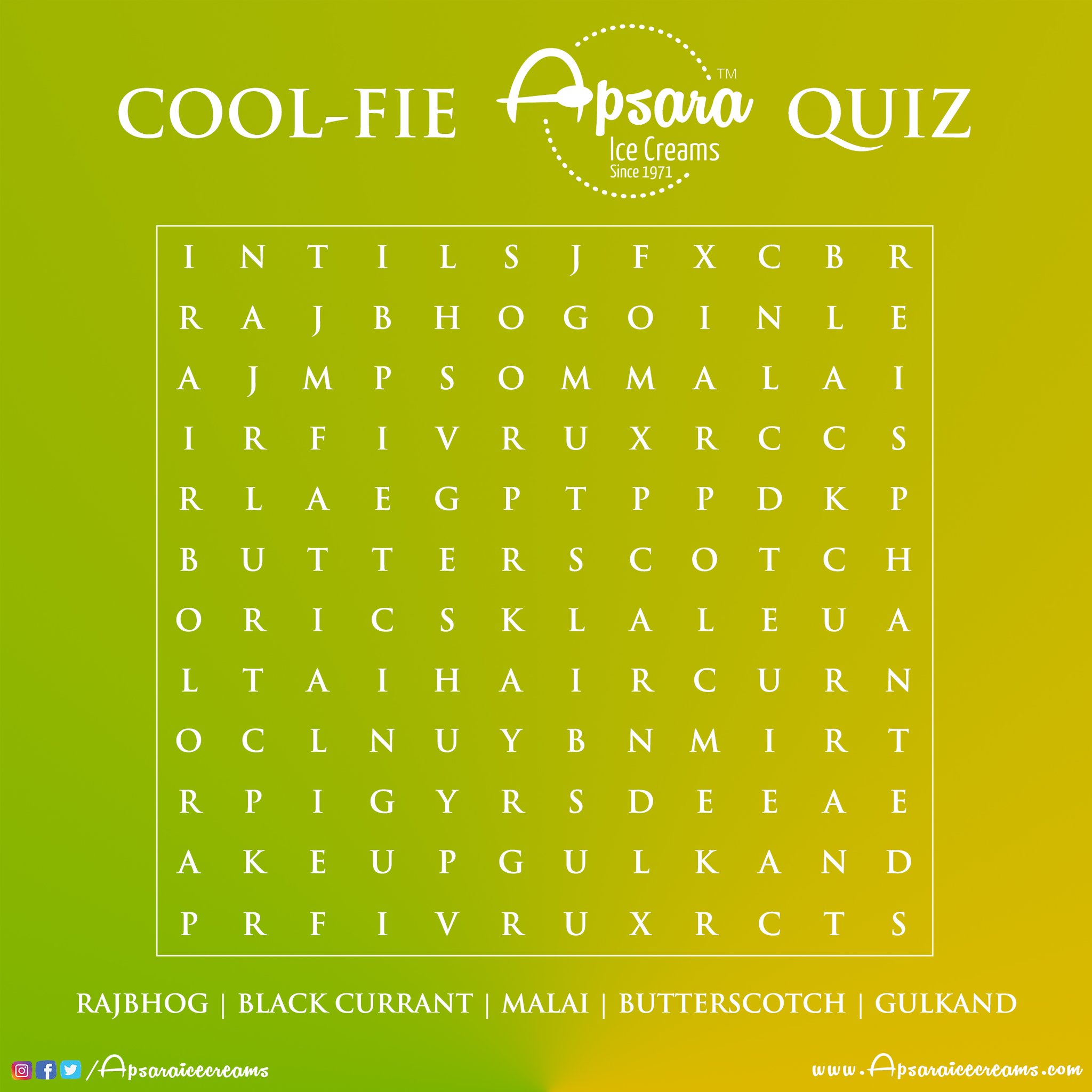 Apsara Ice Creams Wordsearch Coolfie Rajbhog Blackcurrant Butterscotch Gulkand Malai Cool Fie Quiz Can You Find The 5 Apsara Ice Creams Kulfi Flavours Share The Screenshot In Comments Post In