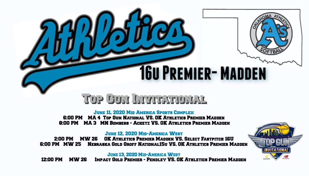 Our Top Gun Invitational schedule is out! Gonna be some great competition in KC! <a href="/TopGunEvents/">Top Gun Events</a> <a href="/OKAthleticsAcad/">Oklahoma Athletics Softball</a> #ASALLDAY #ATHLETICSNATION