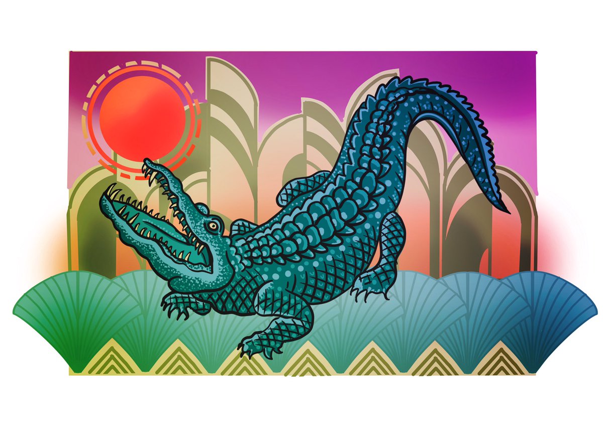 Kaat_Man_Do's tweet image. A preview of a fab brief... exotica themed face mask commission, Art Deco and croc. #newwork #bestclient #crocodile #GraphicDesgn