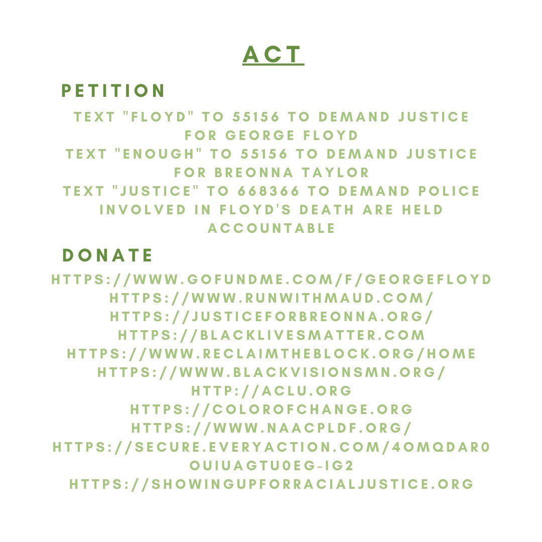 To our Black sisters, brother, friends and family, though most of us cannot even begin to understand how you are feeling, we see you, we value you, and we stand with you.

Please look at the link in our bio for a more comprehensive list of resources on how you can take action