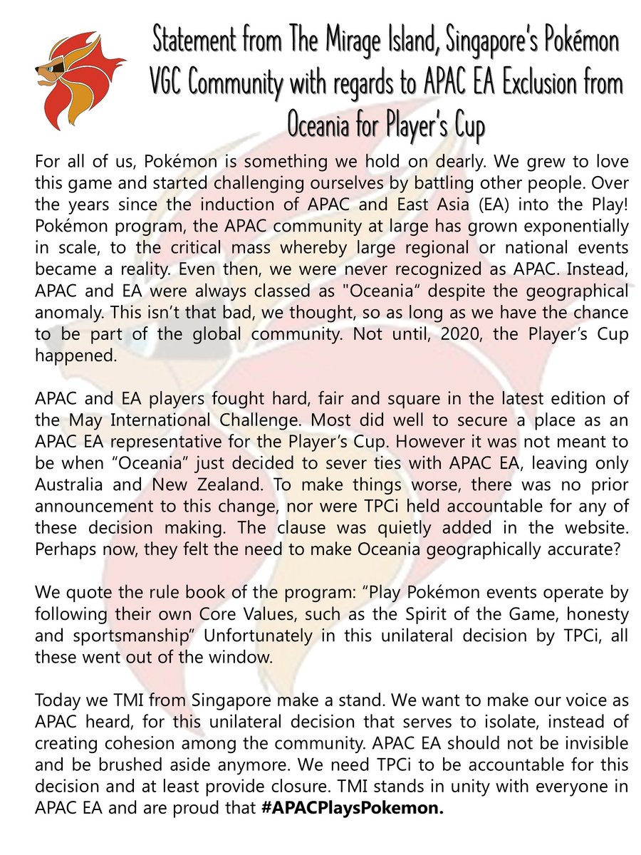 As a member of The Mirage Island in Singapore, we as community members have issued a statement with regards to the situation for Player's Cup. Do retweet with the hashtag to spread awareness <a href="/playpokemon/">Play! Pokémon</a> #APACPlaysPokemon