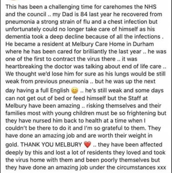 jackiegallagher's tweet photo. I canβt praise Melbury Court Staff team highly enough @HC_One @NHSuk @DurhamCouncil @itvtynetees @BBCNews @CQCpressoffice @NorthEastHour #melburycourtdurham #hcone #durhamcountycouncil #Covid19UK #itvnews #bbcnews #northeasthour https://t.co/CyLM1TpaiH