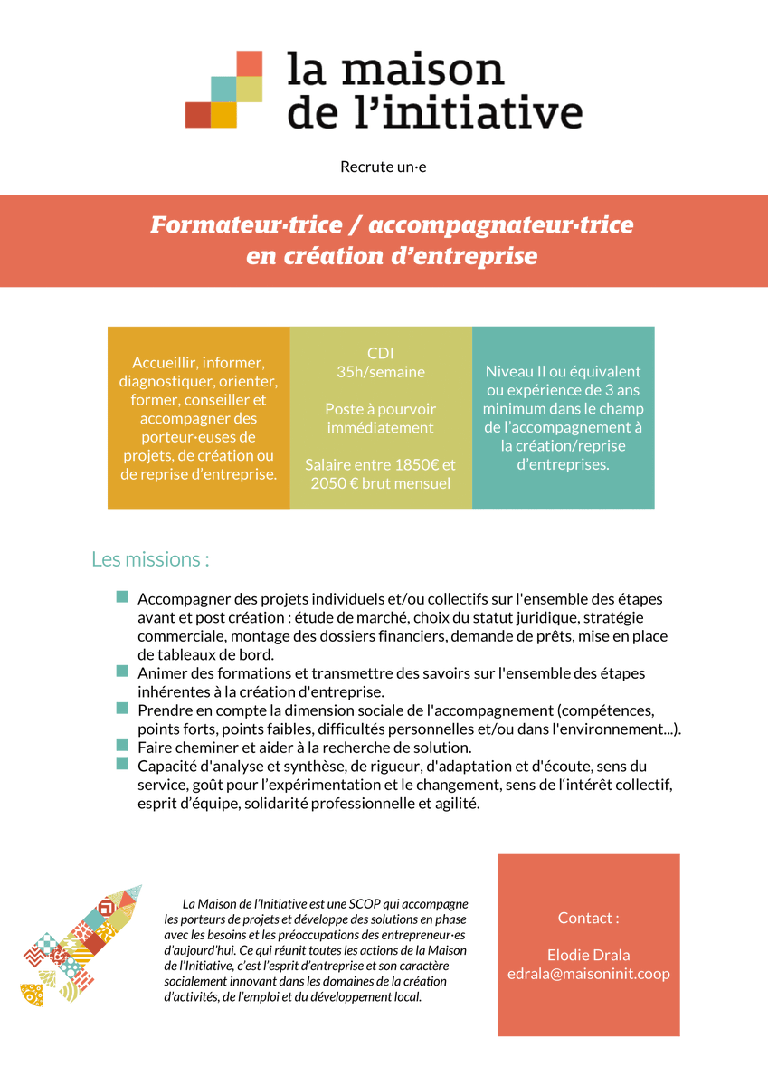 📢 La maison de l'initiative recrute un·e formateur·trice / accompagnateur·trice en création d’#entreprise !
➡️ Informer, diagnostiquer, orienter, former, conseiller et accompagner
✅ CDI 35h/semaine
❗️Poste à pourvoir immédiatement
📩 Elodie DRALA - edrala@maisoninit.coop
#CAE