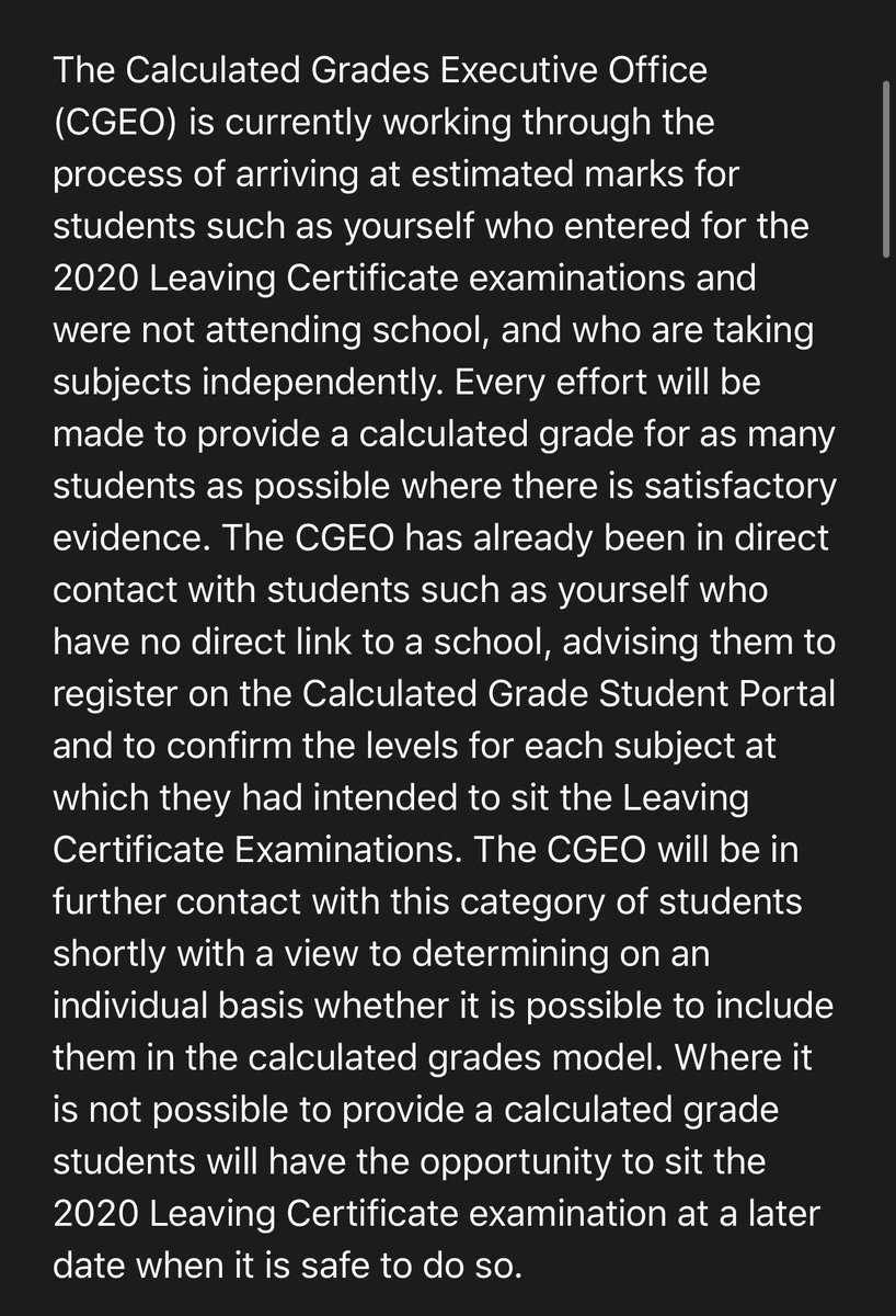2020External's tweet photo. This is the email leaving certificate 2020 external candidates received regarding calculated grades. That fact that the Minister of Education is considering making some of us wait another year for third-level education because  their plan doesn’t suit us is barbaric! #LeavingCert https://t.co/d859PrxcOa