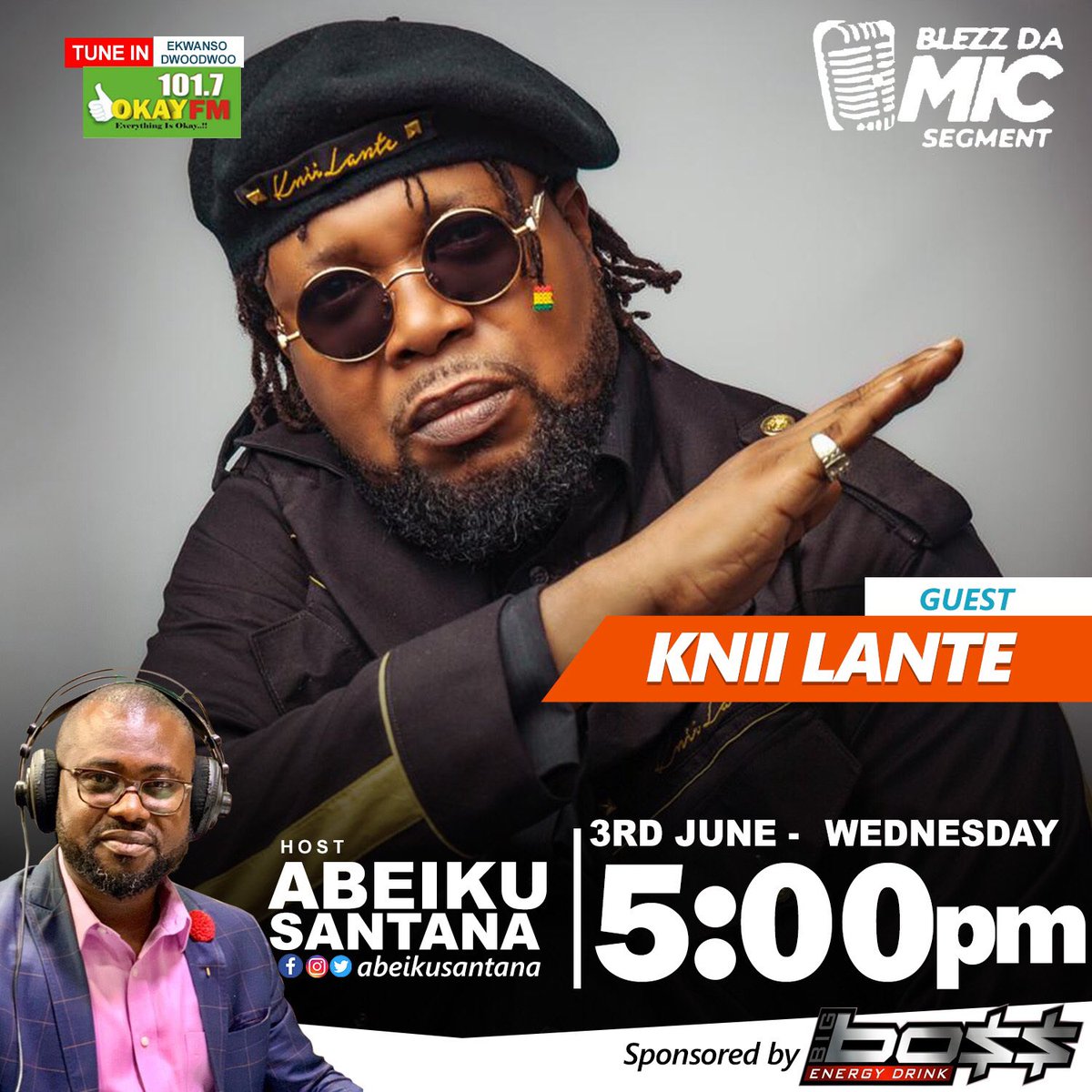 KniiLante's tweet photo. Let’s vibe on @Okay1017fm with @AbeikuSantana at 5pm . 
It’s a Kpaaaash thing ✊🏿.
#blacklivesmatter #kniilante #ijustwantto #letlovelead https://t.co/Jnkvn1B1RW