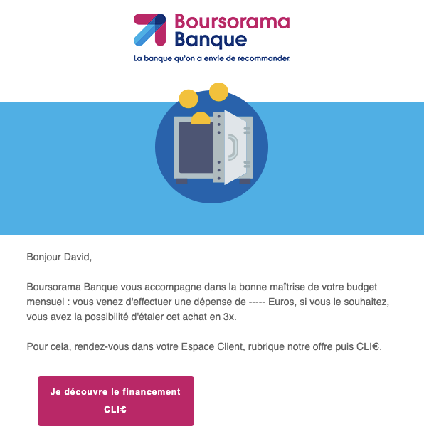 davaxi's tweet photo. J'apprécie énormément @Boursorama mais conceptuellement une bonne maîtrise de son budget passe-t-elle vraiment par un crédit ? donc un endettement  ? 

Aspect plus "légale", comme c'est une offre de crédit, ne manque-t-il pas dans l'e-mail la phase "Tout crédit vous engage ..."🤔 https://t.co/BbOKGPnrFG