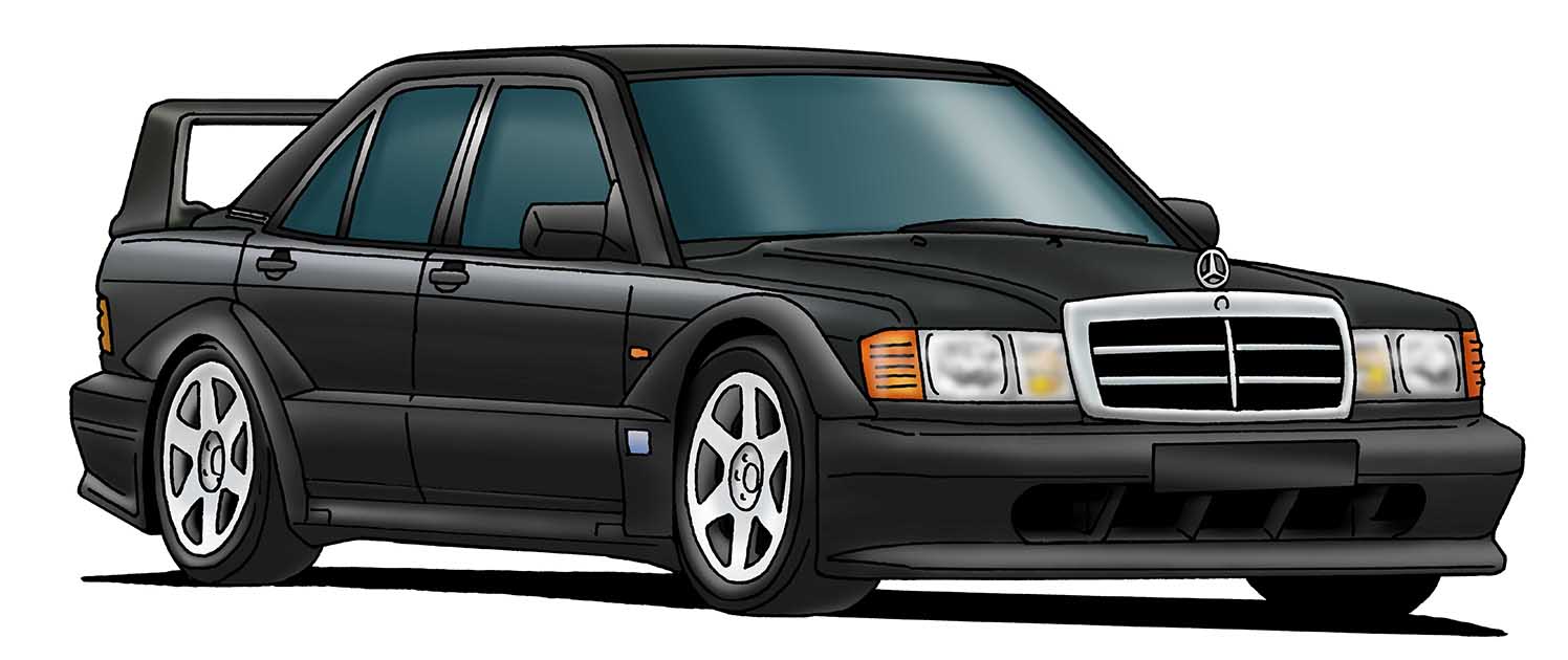つっき メルセデス ベンツ 190e 2 5 16 エボリューションii 1990年 Dtmを制覇するため ド派手なエアロパーツとコスワースチューンの2 5ℓエンジンで徹底的に魔改造されたエボii これでノーマル と思うほどの迫力あるスタイルは圧巻 勝利に賭けた