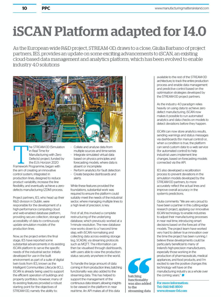 Stream0d's tweet photo. #STREAM0D is featured on Manufacturing Matters Ireland's with an update on the #iSCAN platform, that enables the secure collection, storage and accessibility of data to feed #simulation models of the #production lines.
Full edition here: https://t.co/mxloH6AgPw
#Industry40 @IESVE https://t.co/YaaelICfrI
