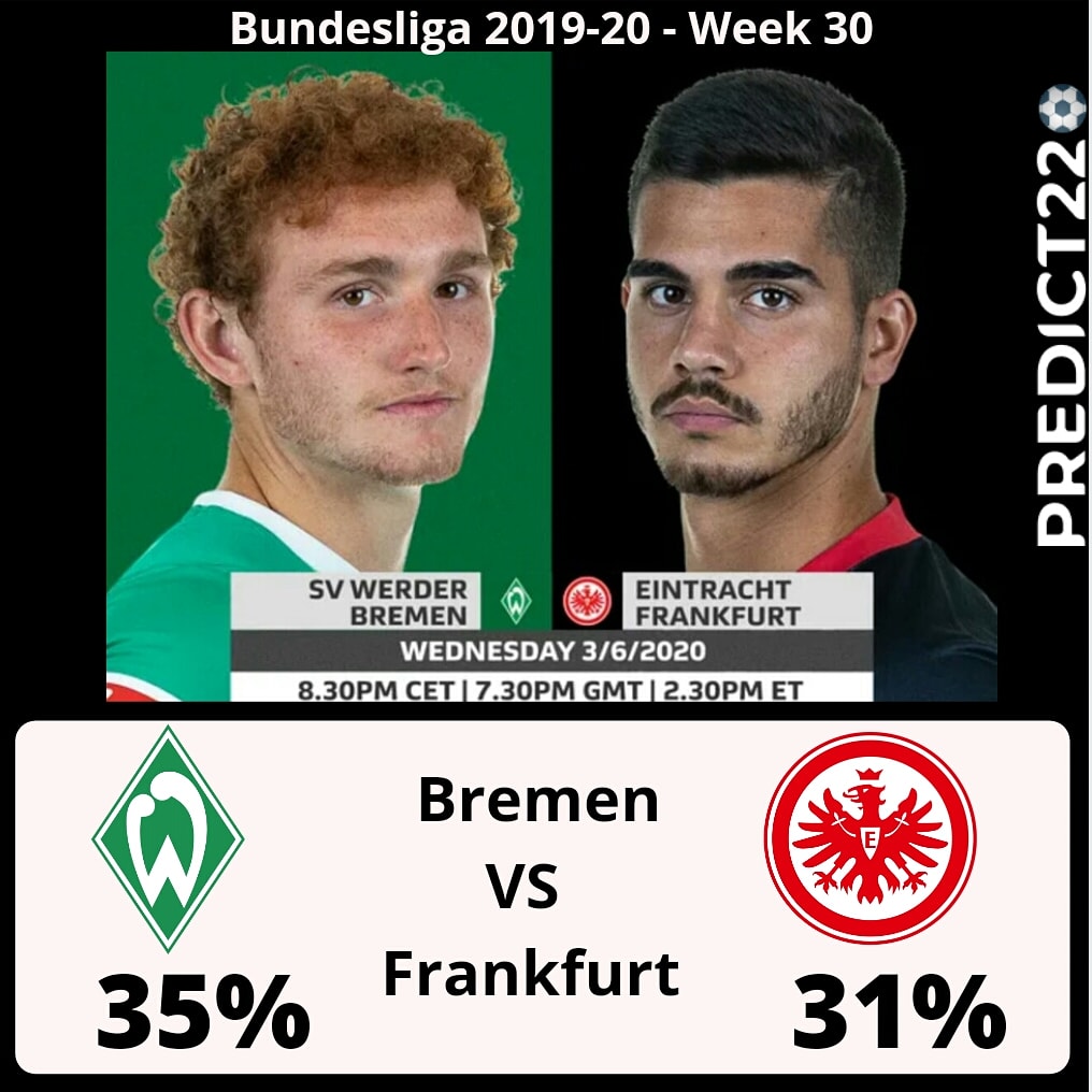 predict_22's tweet photo. Gameweek 30,  #Bundesliga 2019-20
Today's Match
Werder Bremen (35%)   VS    Eintracht Frankfurt (31%)
.
 #derbytwitter #twitter #football #LegendsOfTomorrow #FUT20 #FCBF95 #ufc249 #FIFA20 #Predicciones #WCW #Fortnite #QuedateEnCasa #footballisback #COVID19 #footballsstayinghome https://t.co/yTvGq6zqF5