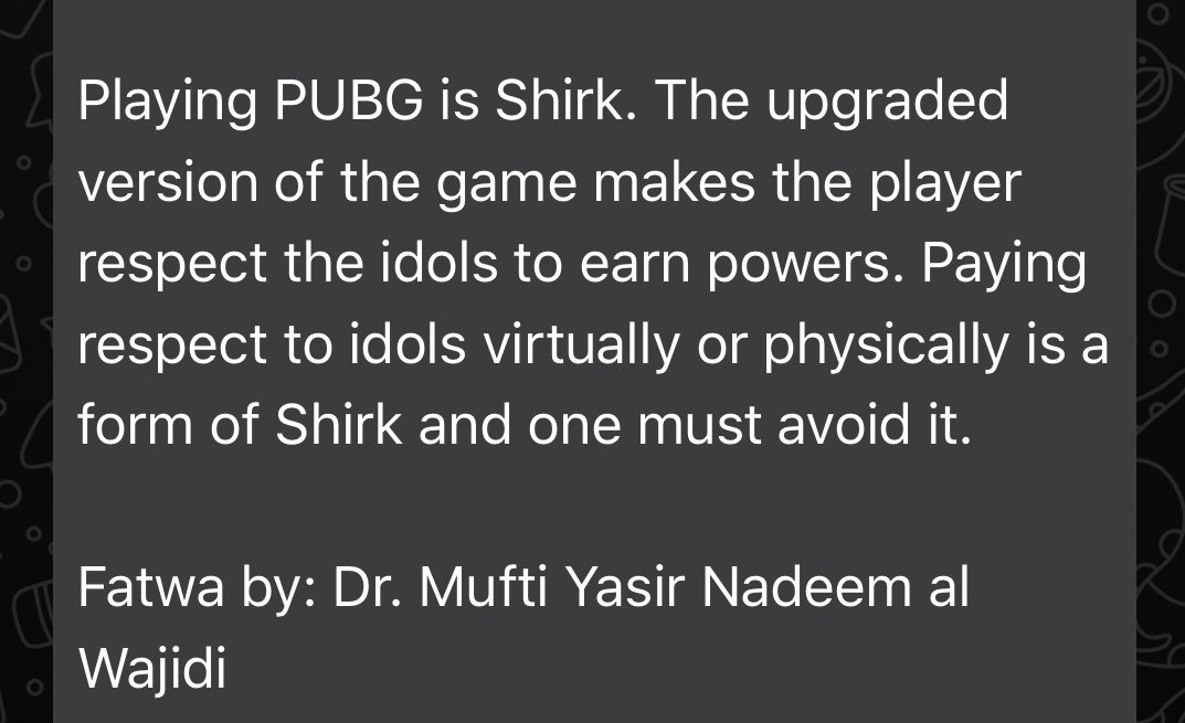 DrBurhan16's tweet photo. I highly accept and respect this Futwa.
I wonder if the Futwas on SHIRK-e-AKBAR were really this commonly given,spread, understood and accepted By present muslim Ummah.  Is that really so difficult ? #Pubg #shirk https://t.co/NruRsQsHOn