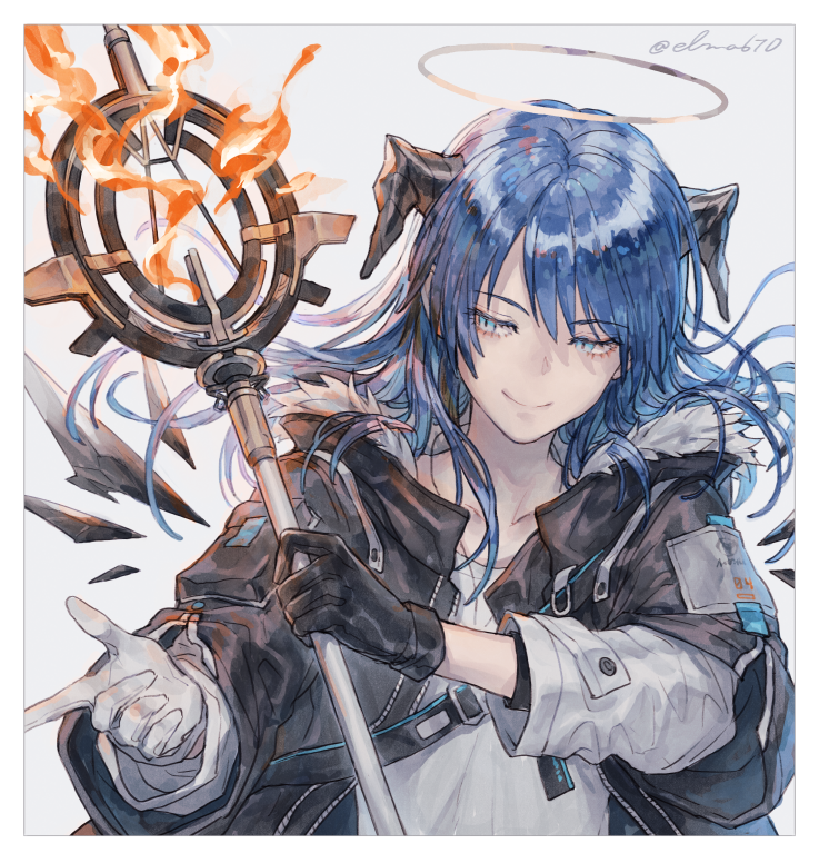 mostima (arknights) 1girl gloves horns solo blue hair halo jacket  illustration images