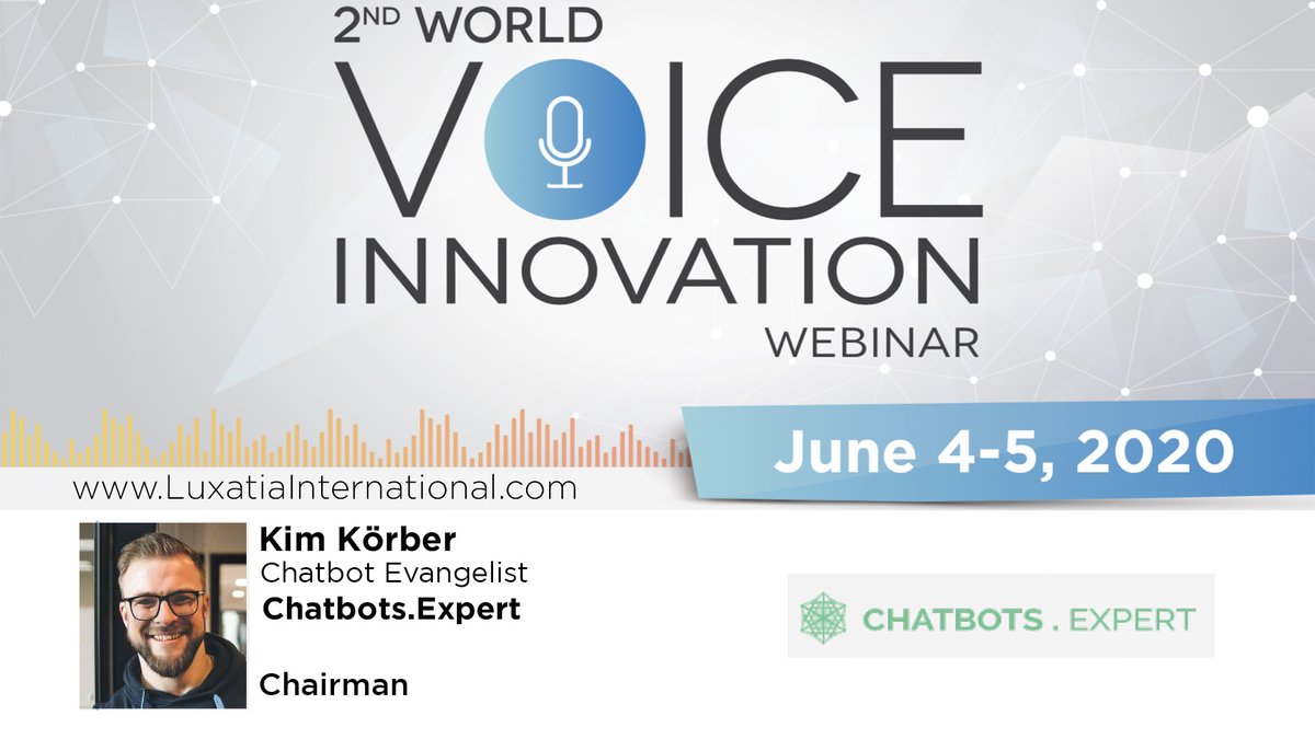 Join <a href="/KoerberKim/">Kim Körber</a>, with <a href="/Chatbot_expert/">Chatbots.Expert</a>, as he chairs the 2nd #WVIS2020 Webinar (starting tomorrow).  Keynote speakers will exchange knowledge on the smart utilization of #Voiceassistants, #voicebots and other Smart #Voicetechnologies. 
Register Here 👉 bit.ly/2nd-Voice-Inno…