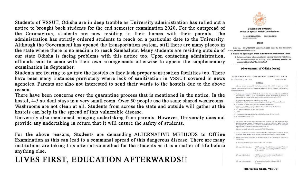 SupriyaMuduli's tweet photo. We the students of VSSUT were notified to compromise our safety &amp; stay in hostels for a month so that exams can be conducted and we; deny to do so@CMO_Odisha @SecyChief @GovernorOdisha  #safety_over_exams #vssut_exams #Safety_First @ugc_india @dr_arunsahoo @otvnews @DrRPNishank https://t.co/CF7xPSY1KE
