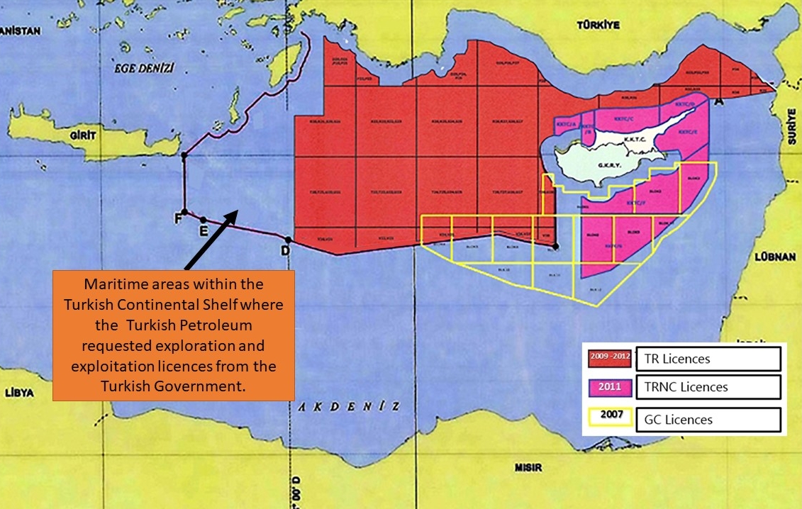 Dışişleri Bakanlığı, Türkiye’nin, Birleşmiş Milletler’e bildirdiği Doğu Akdeniz’deki deniz sınırları içinde, Türkiye Petrolleri'nin (TPAO) sismik araştırma ve sondaj ruhsat başvurusunda bulunduğu yeni ruhsat sahalarını gösteren haritayı paylaştı.