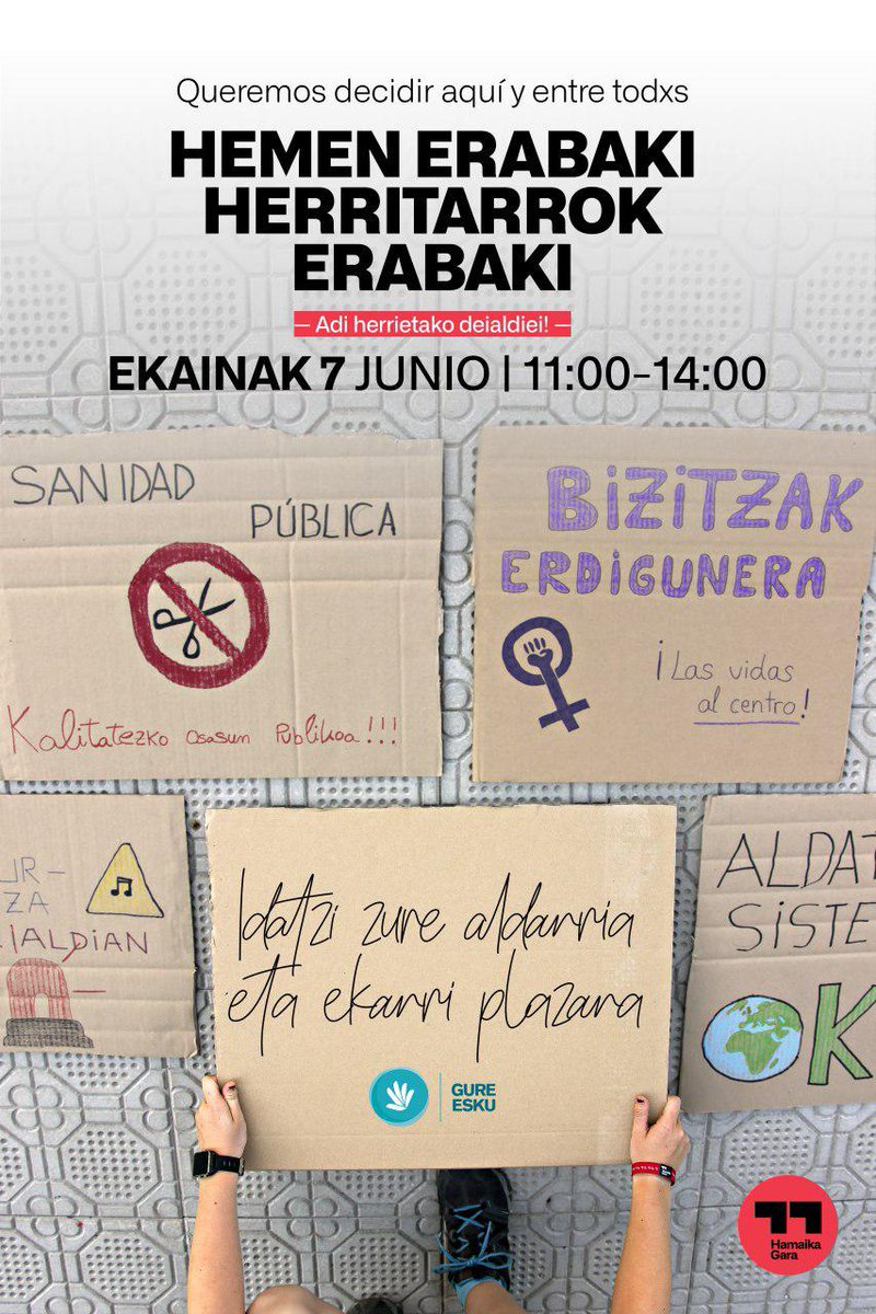 Ekaiñaren 7xen, krisixei zela erantzun geuk erabaki gure dogule aldarrikatuko dogu

1️⃣ IDATZI aldarrixe kartoi baten
2️⃣ ZABALDU:  #HemenErabaki #HerritarrokErabaki 
3️⃣ ERUEN plazara domekan

📅 EKAIŃAK 7
⏰11:00-14:00

Barikuen eta zapatuen informaziño-mahaixe  8retan plazan