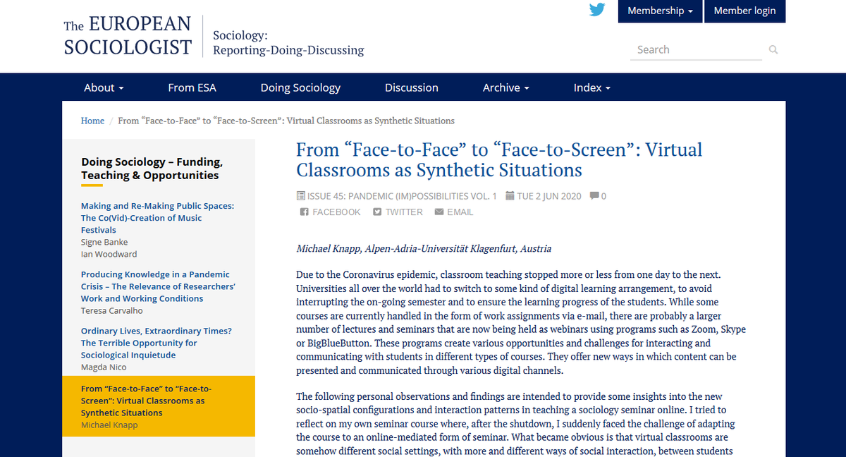 ESA_Sociology's tweet photo. Doing #Sociology in times of #COVIDー19, #homeoffice and #onlinelearning: Michael Knapp from @alpenadriauni reflects on teaching his students online.
📰 From “Face-to-Face” to “Face-to-Screen”: Virtual Classrooms as Synthetic Situations, in #TES45.
https://t.co/676BZBfClu https://t.co/xRlA1uOo5a