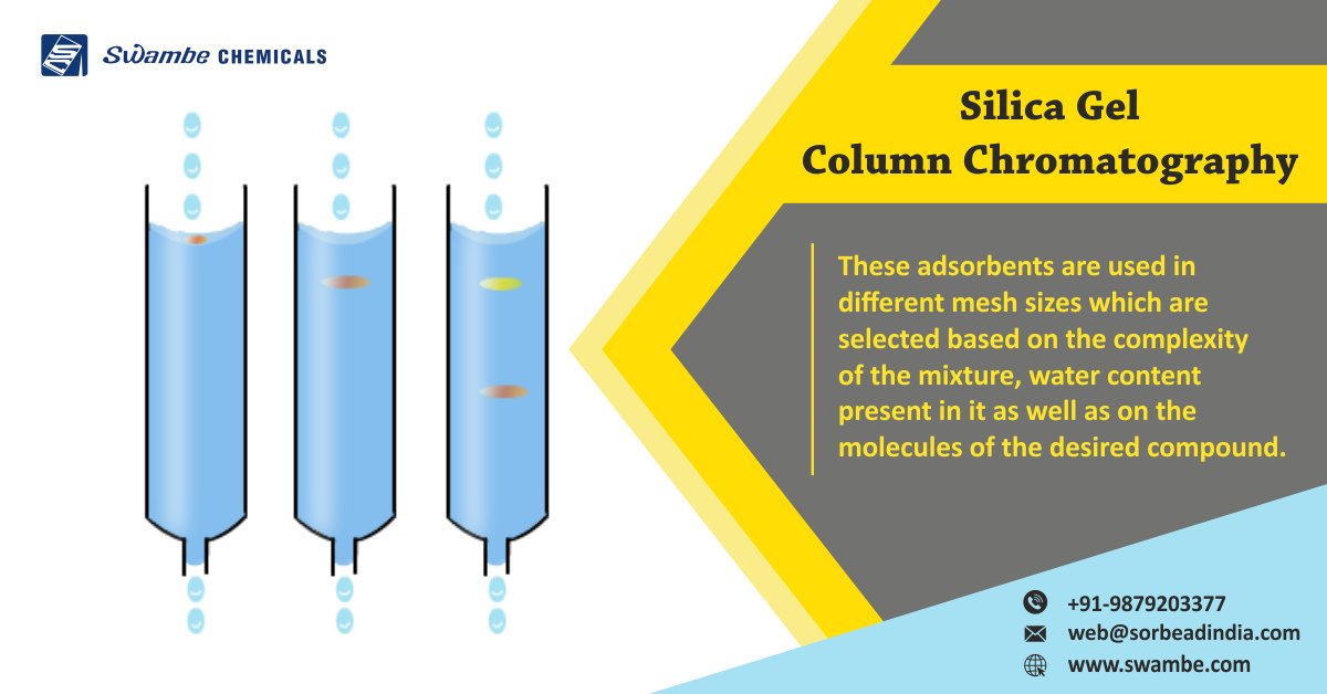 In this type of #chromatography, a #stationaryphase contains solid #adsorbent while the #mobilephase contains the liquid or mixture of compounds.

For more information visit our website swambe.com/silica_gel_col…  #ColumnChromatography #adsorbentsusedincolumnchromatography #Swambe