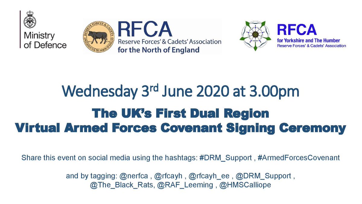 GLRFCA's tweet photo. Today @nerfca and @RFCAYH are hosting the UK’s first Dual Region Virtual Armed Forces Covenant signing ceremony at 3pm today.

@rfcayh_ee @DRM_Support @The_Black_Rats @RAF_Leeming @HMSCalliope 

#DRM_Support #ArmedForcesCovenant https://t.co/DTESWgiUjU