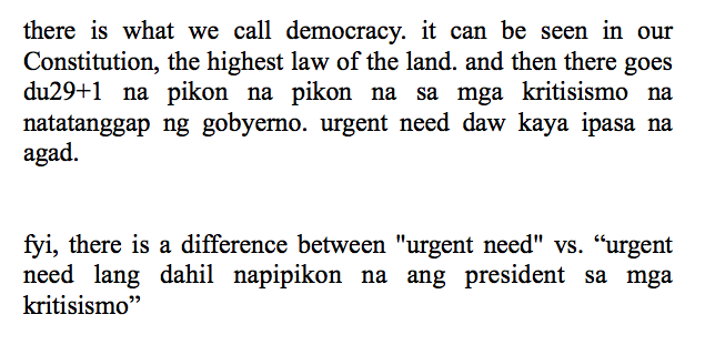 lawsandart's tweet photo. stop taking away our right to be heard. maaapektuhan ang mga Pilipino sa ginagawa ninyo. stop favouring the president stop giving your loyalty to him and start giving it to the country. pagod na pagod na kami sa mga pagkakamali ninyo.

#JunkTerrorBill
#JUNKTERRORBILLNOW https://t.co/30YW40roYZ