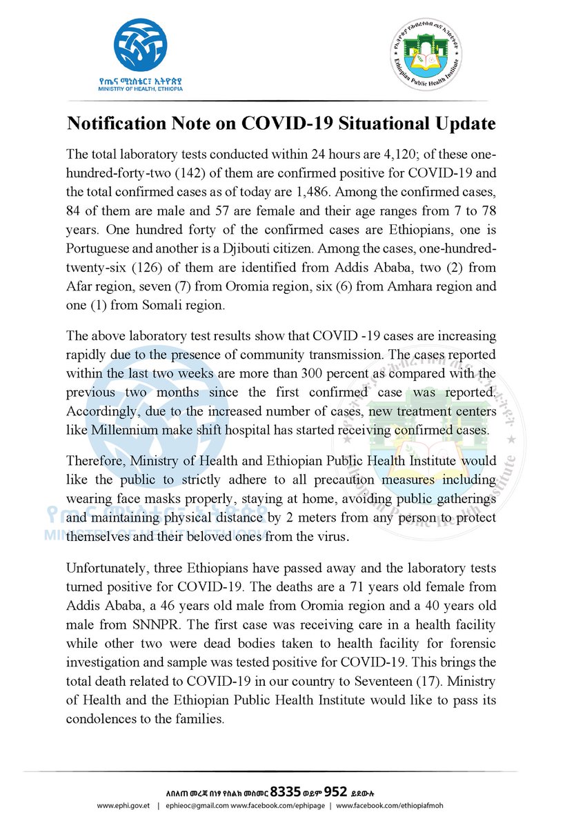 lia_tadesse's tweet image. Report #85

የኢትዮጵያ የኮሮና ቫይረስ ሁኔታ መግለጫ

Status update on #COVID19Ethiopia