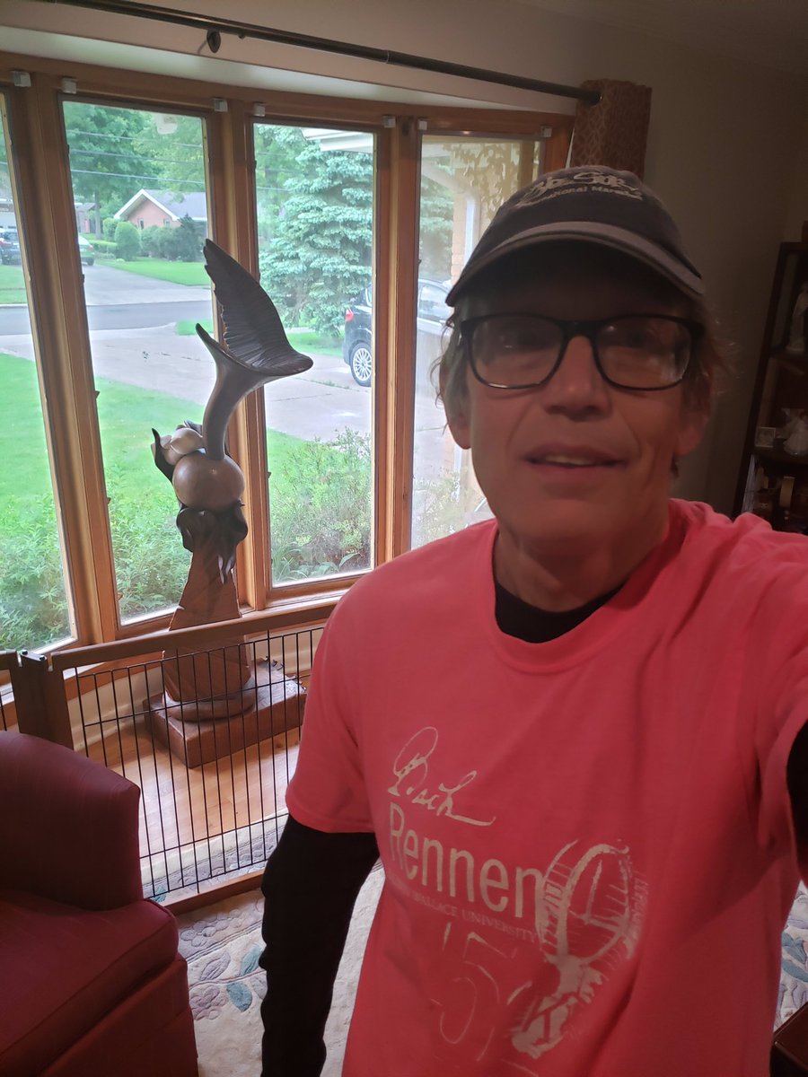 BWCampusRec's tweet photo. Don’t forget to run your 5K this week! Check out Richard’s run! He &amp; his running partner Oengus ran the BW Das Rennen Bach 5K In 2018. Richard &amp; his past dog, Hamlet won the Das Rennin Bach 5K one year! Check out his shirt! Share your photos! #bwrecsportsathome @baldwinwallace https://t.co/APrMUnIRKZ