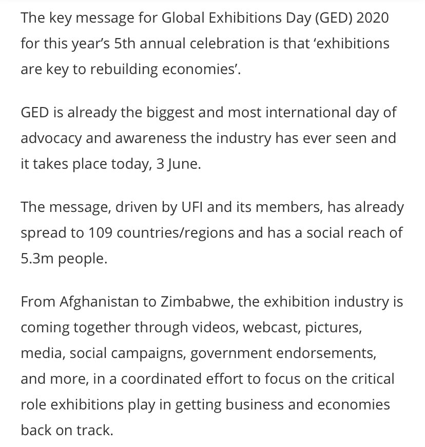 DCEGroupLimited's tweet photo. Today sees the exhibition industry’s ‘largest day of awareness and advocacy’. To find out more about Global Exhibtion Day and the importance that exhibitions will play in rebuilding the economy click the Link below!

https://t.co/5J4vybfvJB

#GED2020 #ExhibitionWorld https://t.co/XF2018Jlme