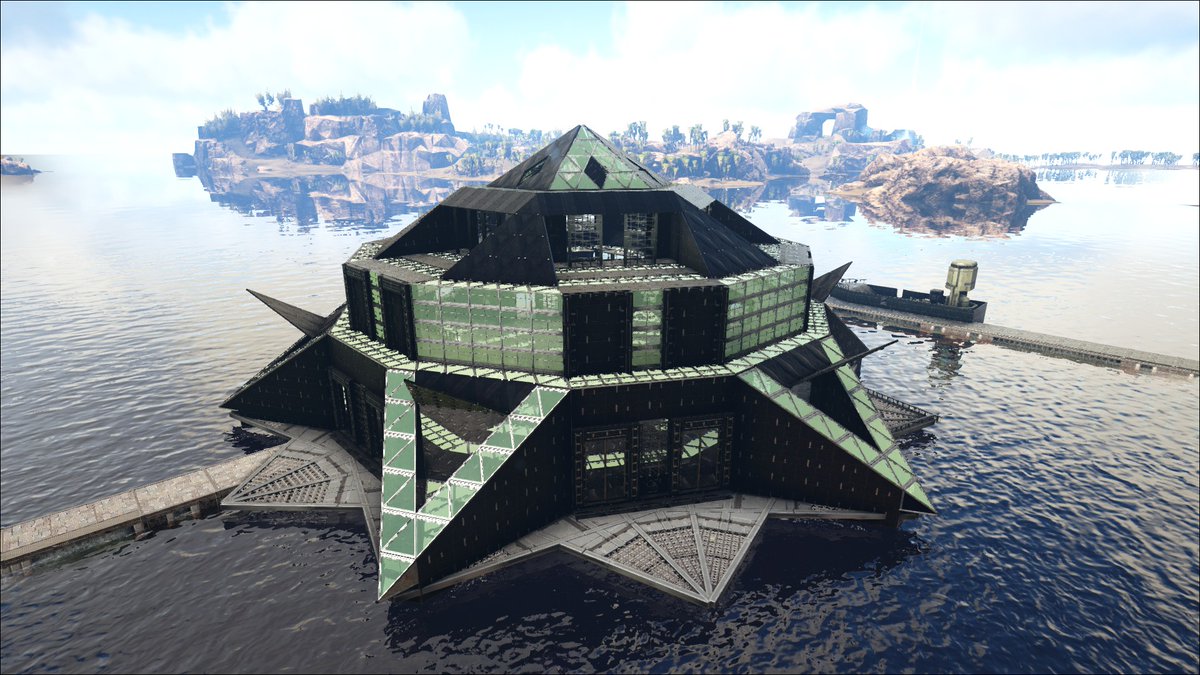 ぶらっきぃ ラグナロクに建てた海上拠点完成 初めての金属系建材を使った建築で テーマは近未来です 海外の建築士 Sven Pさんの Tek Star Pyramid を参考にしています Ark Build鯖