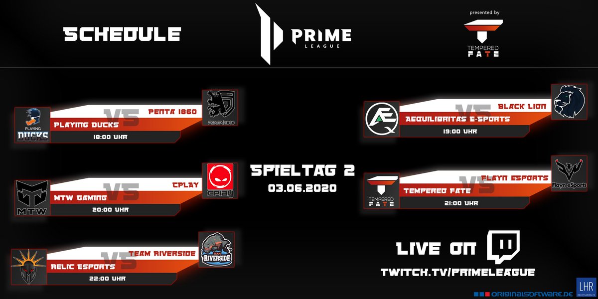 TemperedFateLoL's tweet photo. Heute geht es weiter mit dem 2. Matchday der #PrimeLeague !

Wer glaubt ihr gewinnt heute?

#Quak oder #VAMOSPENTA ?
#AeQWin oder #BeTheLion ?
#MTWIN oder #CPLAYWIN ?
#TFWIN oder #FYNWIN ?
#RLCWIN oder #TRSWIN ?

📺 https://t.co/UKo6BsfXqA 📺 https://t.co/7wl9erzIzi