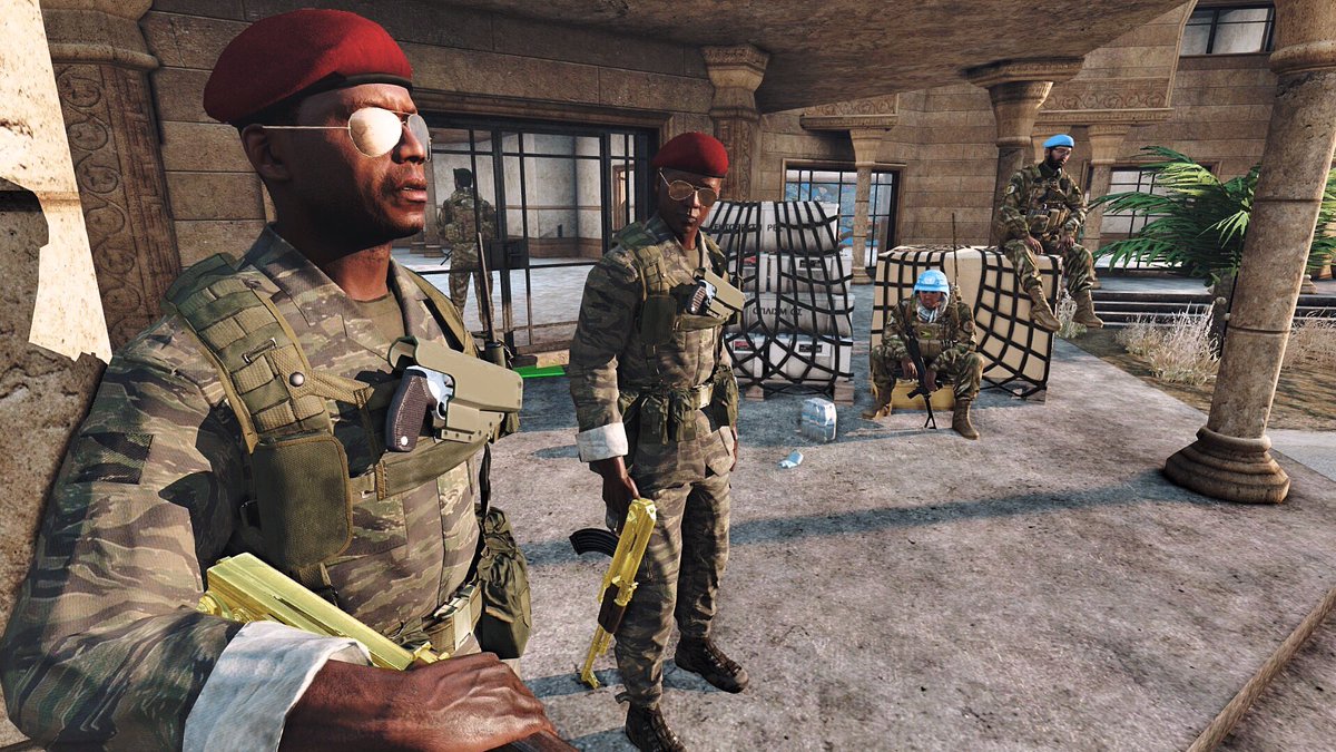 « What a flashy AK » 

AAF peacekeepers resting with the presidential guard - Africa #Arma3 #presidentialGuard