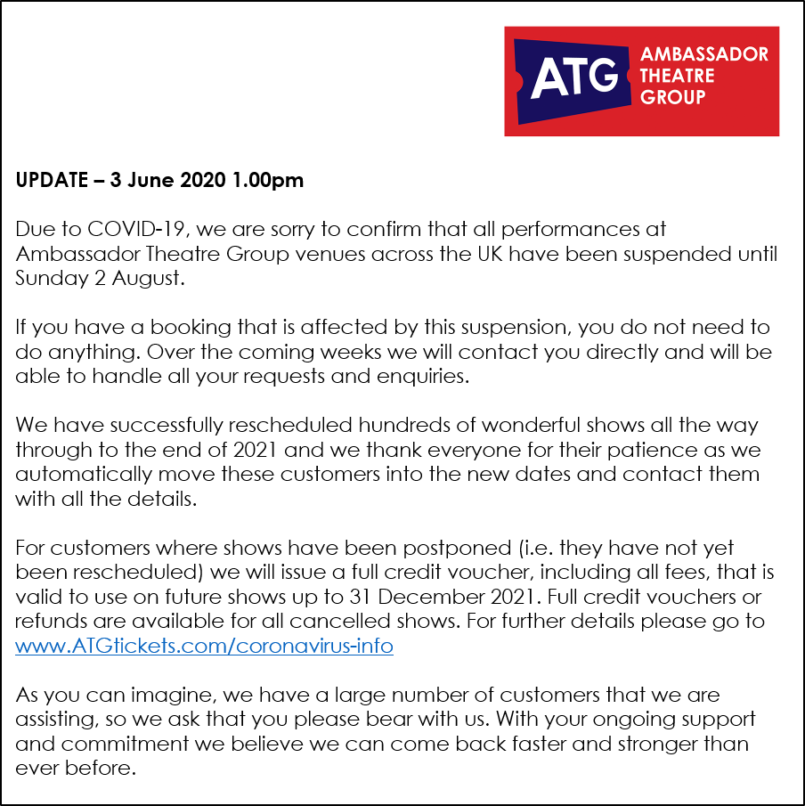 Update from <a href="/ThePlayhouseLDN/">Playhouse Theatre</a> &amp; @ATGTickets – 3 June 2020, 1.00pm
To find out more please visit: atgtickets.com/coronavirus-in…